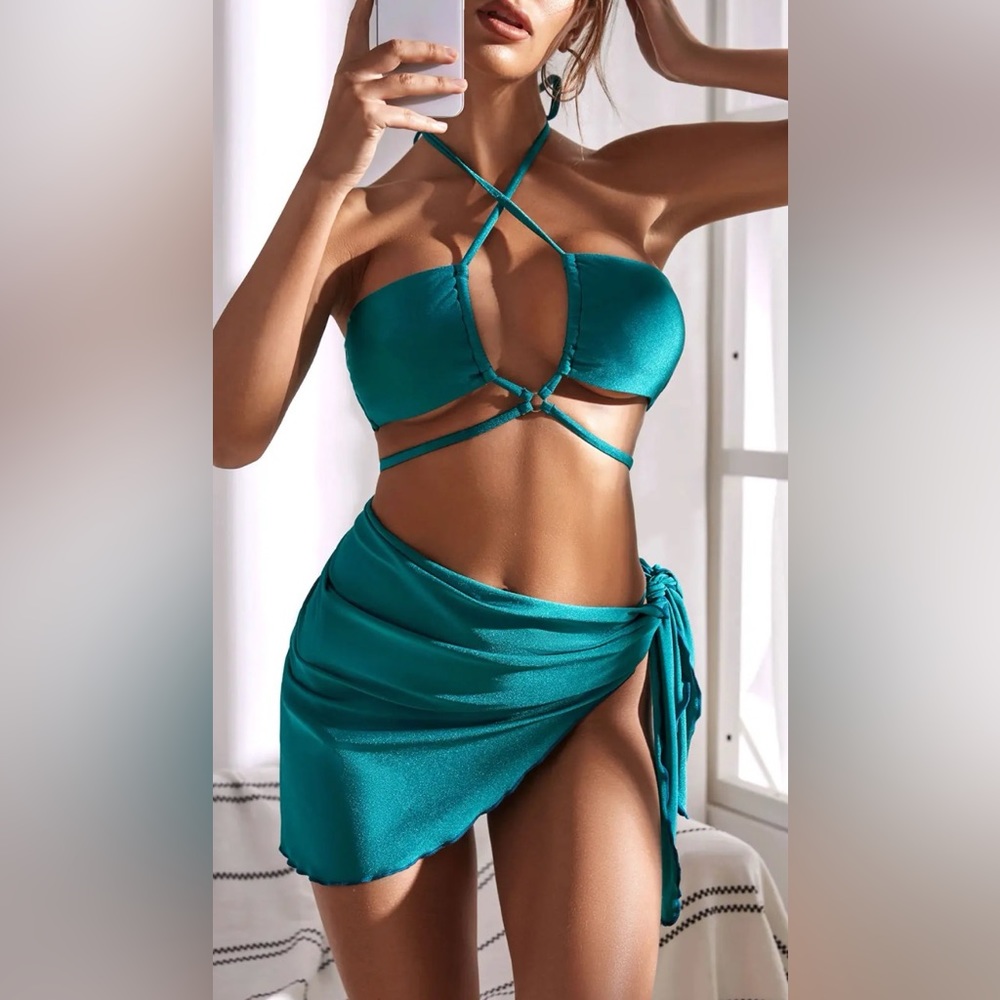 Turqouise 3 piece bikini and skirt set